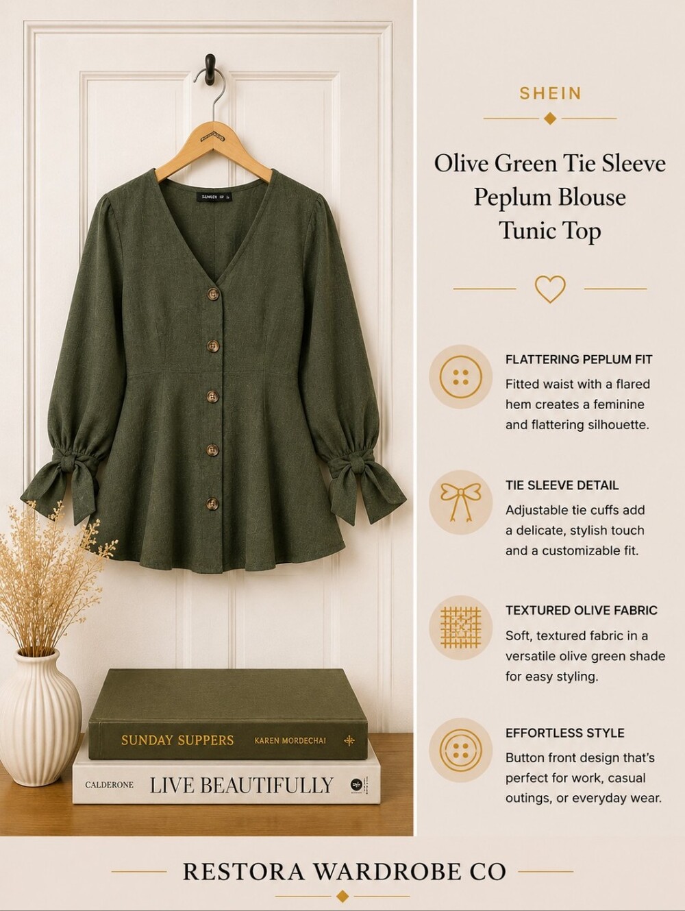 SHEIN Olive Green Tie Sleeve Peplum Blouse Tunic Top
